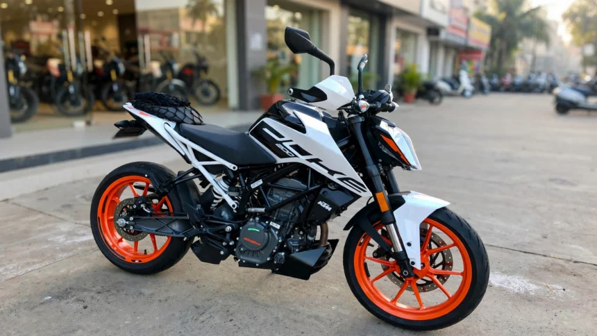 KTM 200 Duke updated model parked outside a dealership in India.