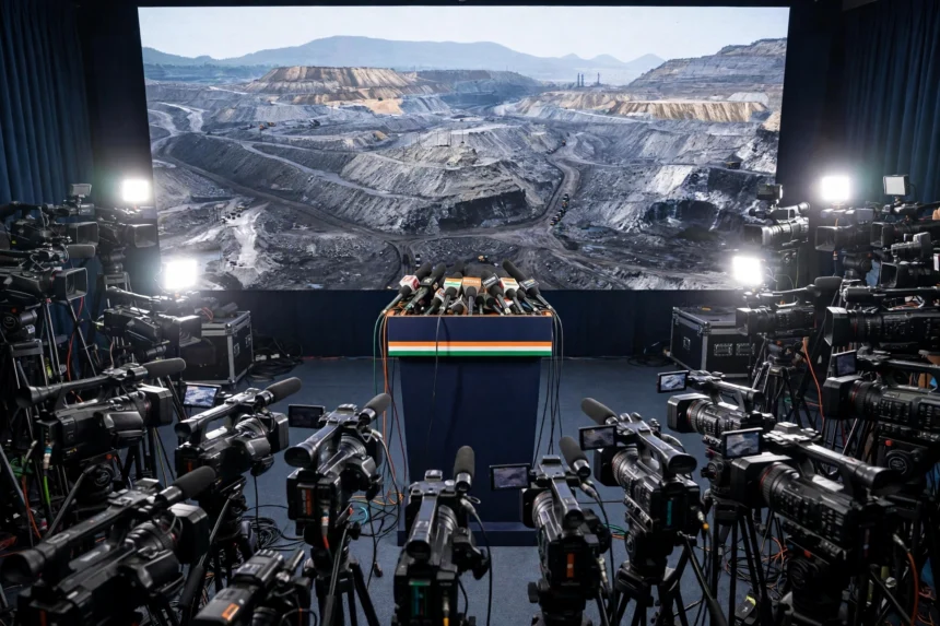 Editorial illustration of a press conference on the Singareni coal controversy