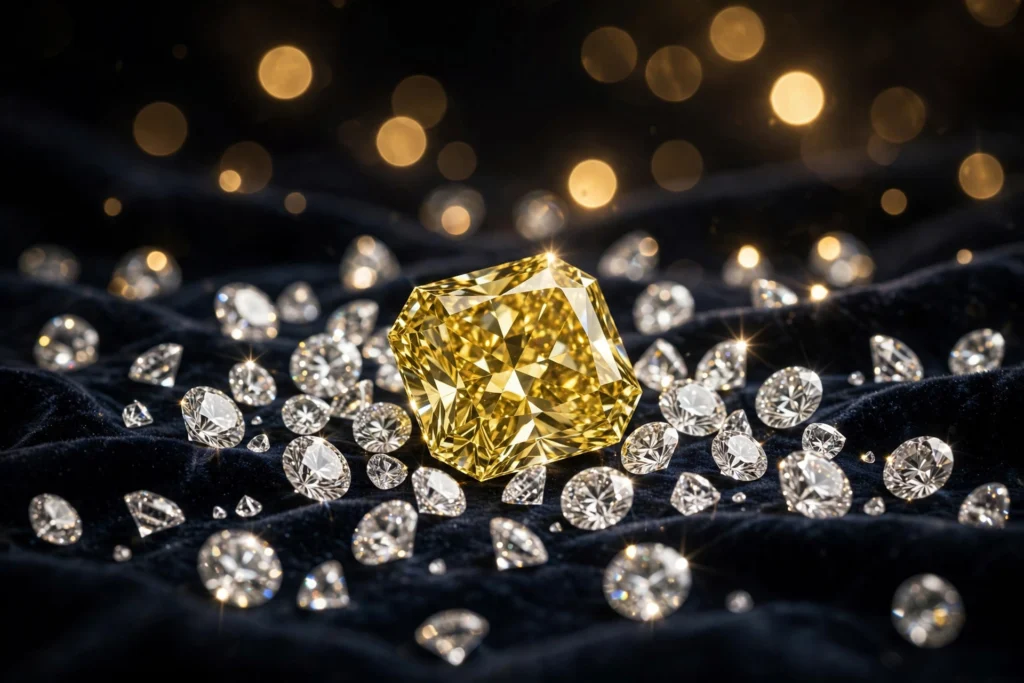 A high-jewelry still life of loose white diamonds around a large vivid yellow diamond (AI-generated illustration)