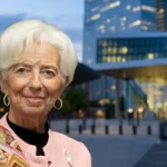 Christine Lagarde outside the European Central Bank headquarters in Frankfurt (photo: Daniel Novakovic / Wikimedia Commons, background composite)