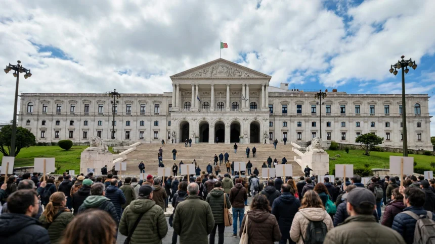 Crowd outside Portugal's parliament in Lisbon during the October 27 housing protest. AI-generated image grounded in a real photo of the Palacio de Sao Bento (Einaz80, Wikimedia Commons, CC BY-SA 4.0).