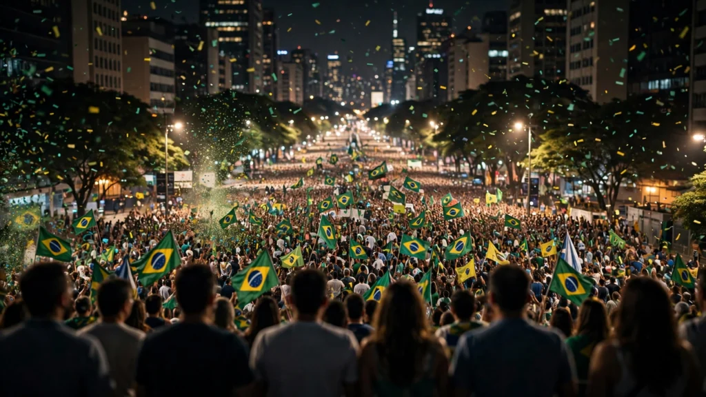 Supporters wave Brazilian flags during election-night celebrations in Sao Paulo.