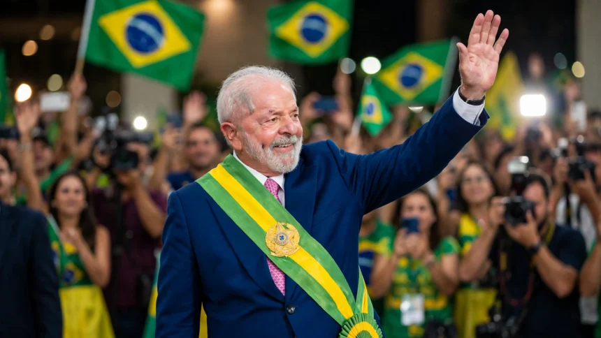 Lula da Silva waves to supporters after winning Brazil's presidential runoff. Photo: Ricardo Stuckert / Wikimedia Commons (background composite).