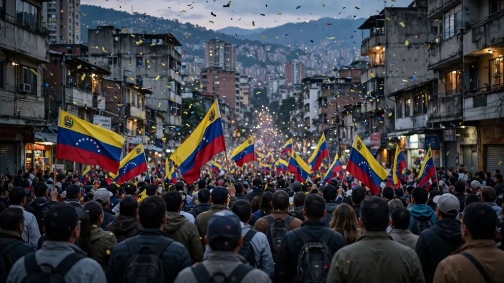 Supporters wave Venezuelan flags on a Caracas street.