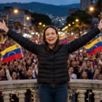 Maria Corina Machado waves to supporters in Caracas after returning from exile. Photo: Kevin Payravi / Wikimedia Commons (CC BY-SA 4.0), background composite.