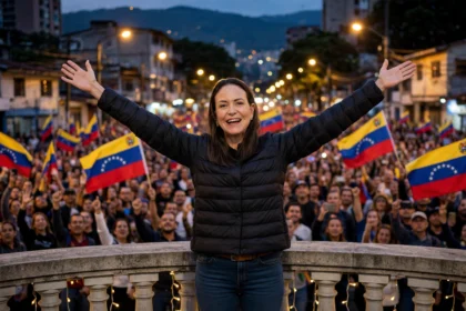 Maria Corina Machado waves to supporters in Caracas after returning from exile. Photo: Kevin Payravi / Wikimedia Commons (CC BY-SA 4.0), background composite.