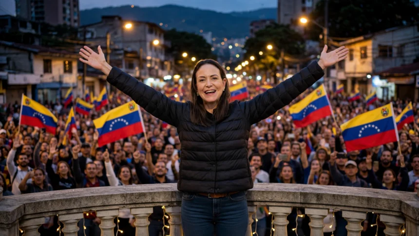 Maria Corina Machado waves to supporters in Caracas after returning from exile. Photo: Kevin Payravi / Wikimedia Commons (CC BY-SA 4.0), background composite.