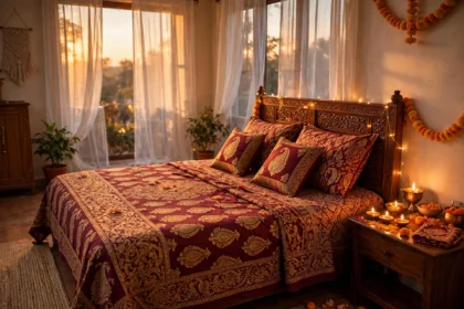 Festive Diwali bedroom with new Mafatlal-style bedding