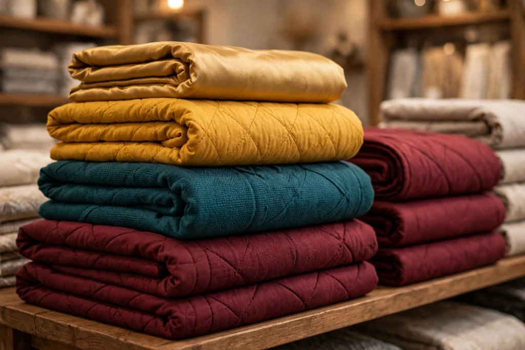Stack of folded festive dohars and blankets in a home furnishings store