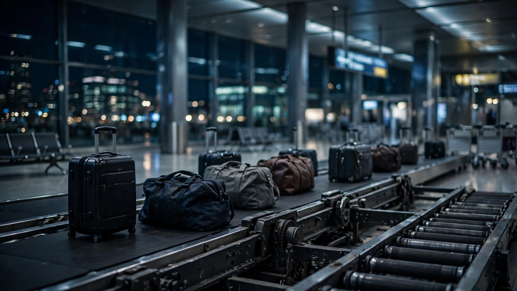 International airport terminal at night, news editorial photo