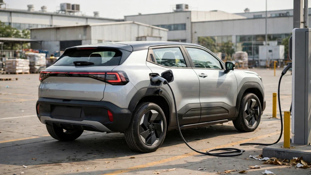 Maruti Suzuki e Vitara electric SUV charging at a factory yard