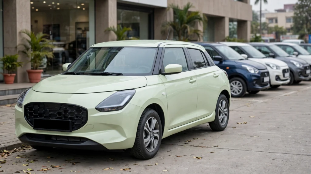 A Maruti Suzuki Swift outside a dealership. Reference photo: Alexander Migl / Wikimedia Commons (CC BY-SA 4.0); editorial image grounded in the real photo.
