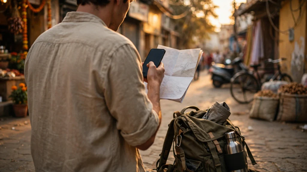 A traveller checks a phone and map on a city street during a weekend trip