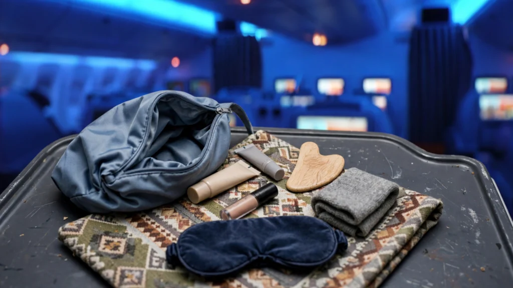 Contents of Air India's new amenity kit arranged on a tray, with woven Kullu-style textile, in a business-class cabin.