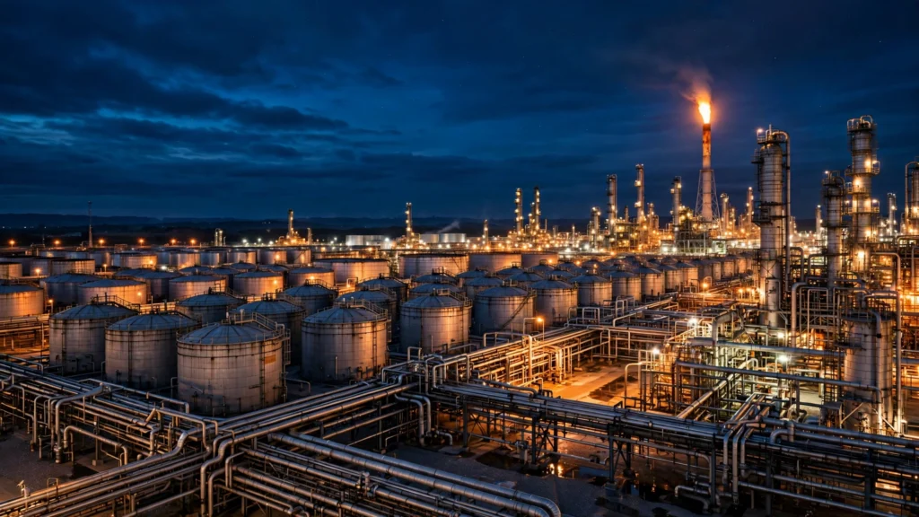 An oil refinery at night with storage tanks