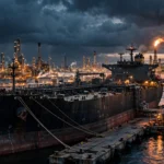 A crude oil supertanker docked at a coastal refinery at dusk