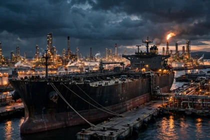 A crude oil supertanker docked at a coastal refinery at dusk
