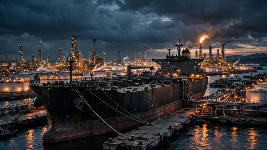 A crude oil supertanker docked at a coastal refinery at dusk