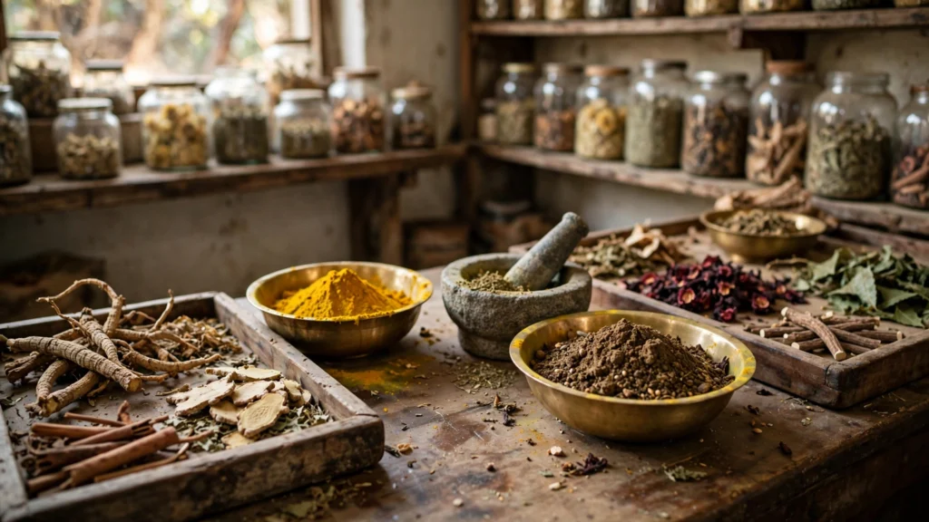 Ayurvedic herbs and medicines in a traditional pharmacy