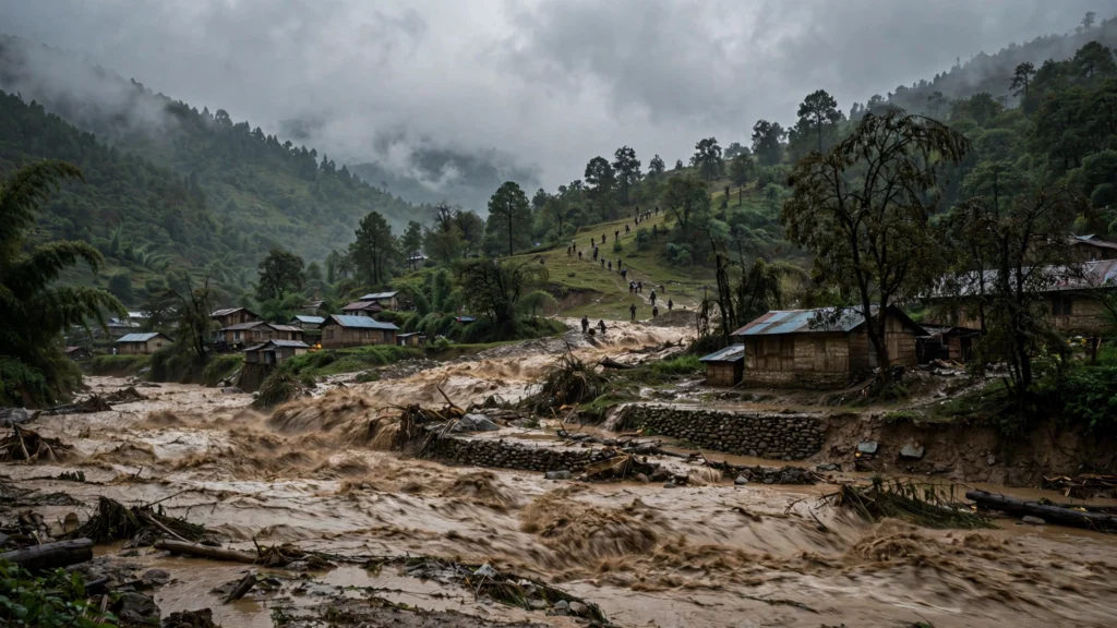 Muddy floodwater rushing through a Himalayan foothill river valley