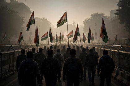 Protesters with Indian flags during the anti-CEC agitation in New Delhi