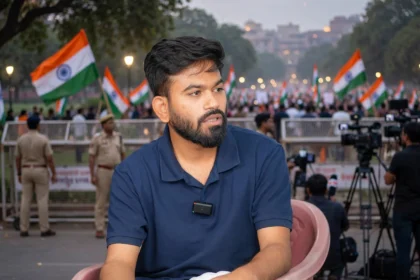 Abhijeet Dipke. Photo: LetsUpp Marathi on YouTube / Wikimedia Commons (CC BY 4.0; background composite)