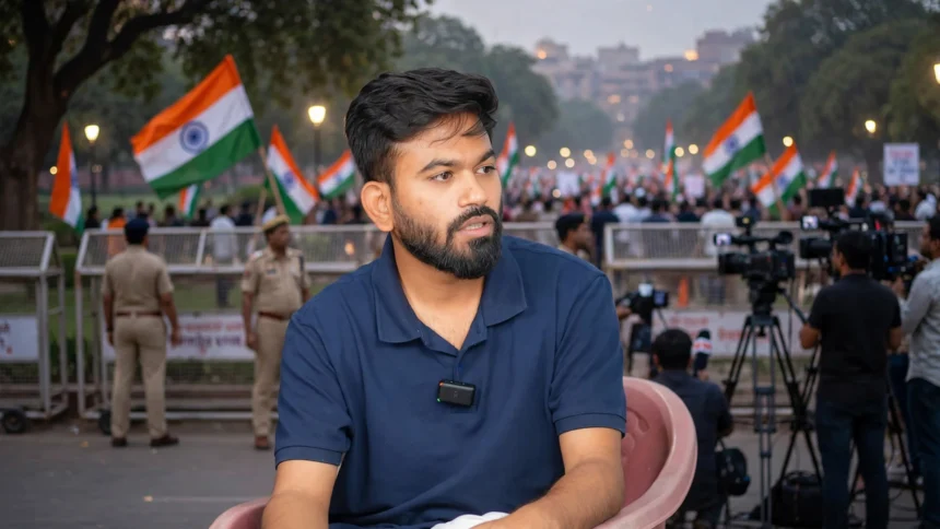 Abhijeet Dipke. Photo: LetsUpp Marathi on YouTube / Wikimedia Commons (CC BY 4.0; background composite)
