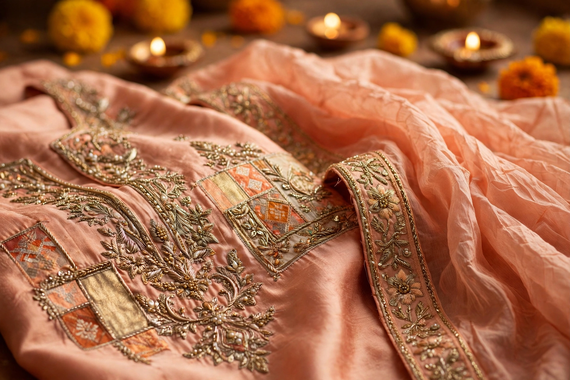 Close-up of peach silk kurta fabric with zardozi hand embroidery and a crushed tissue dupatta with an ornate border