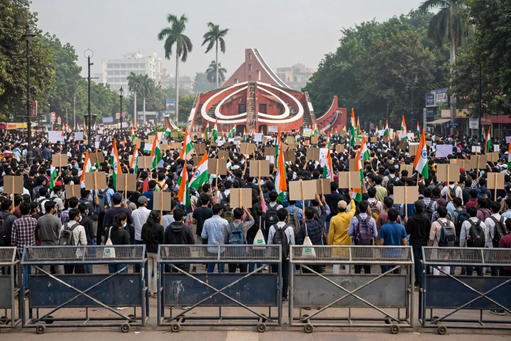 Protesters gather at Jantar Mantar during a demonstration demanding the CEC's resignation