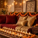 Diwali festive living room with brass diyas and marigold garlands