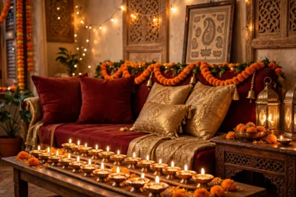 Diwali festive living room with brass diyas and marigold garlands