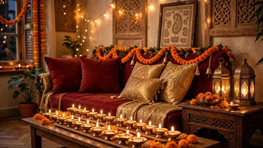 Diwali festive living room with brass diyas and marigold garlands