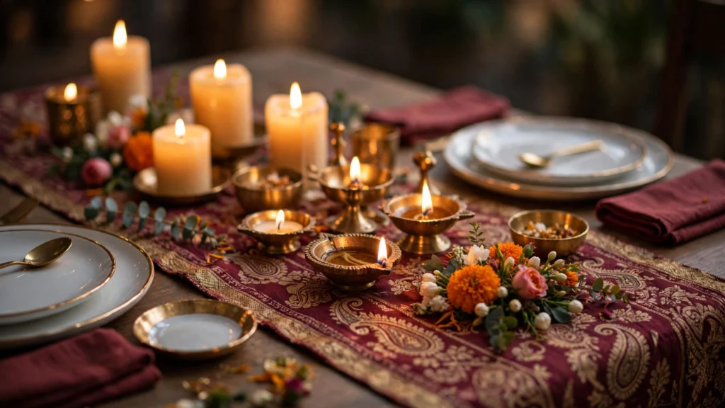 Diwali festive dining table styled for hosting with diyas and candles