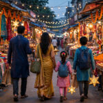 Indian family shopping at a festive Diwali market in India