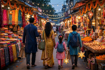 Indian family shopping at a festive Diwali market in India