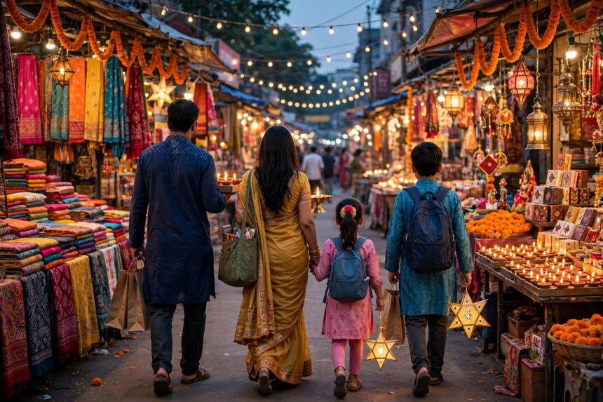 Indian family shopping at a festive Diwali market in India