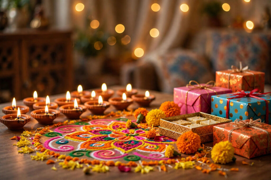 Indian home decorated with diyas and festive lights for Diwali celebrations