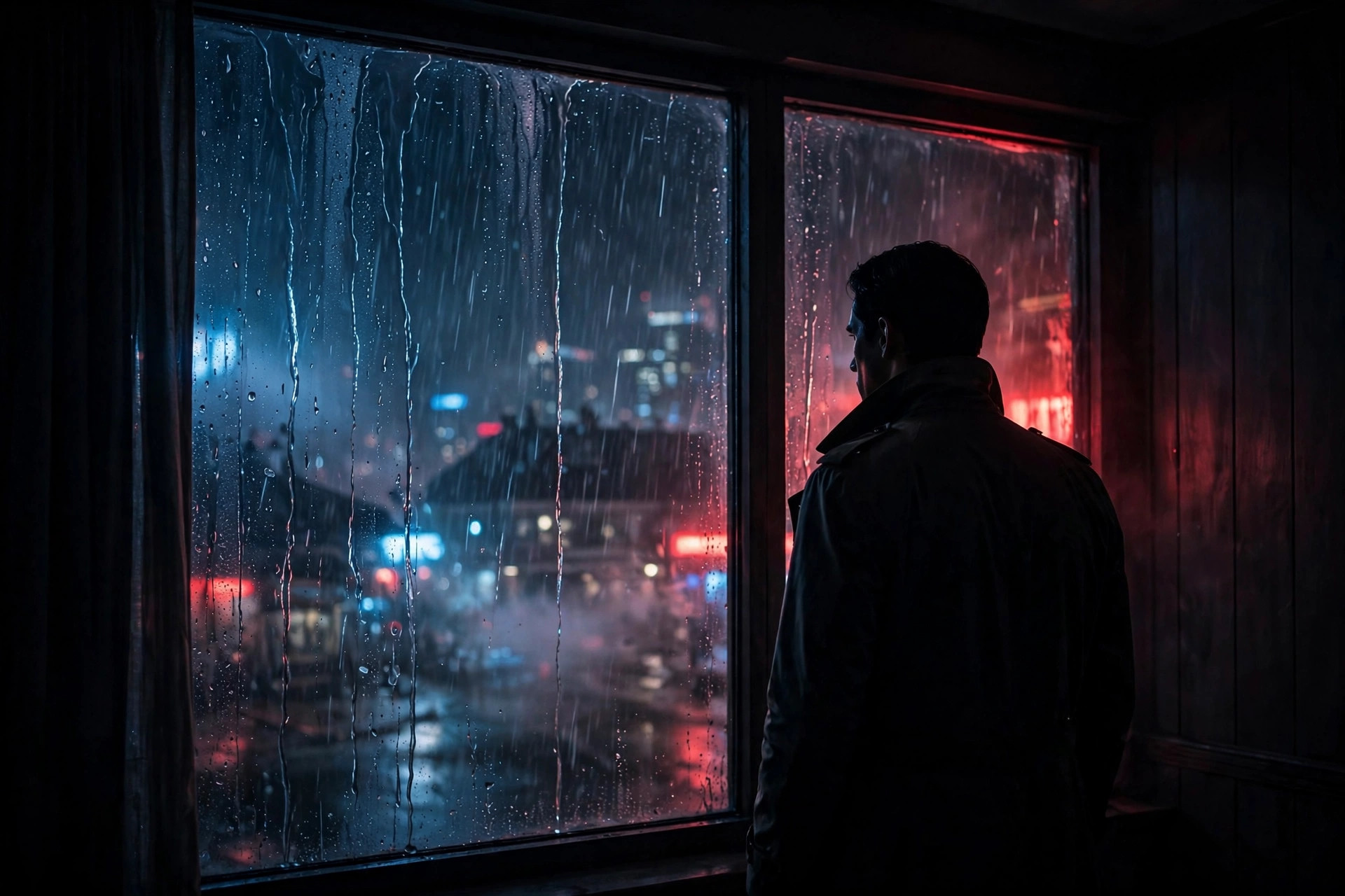 Vijay Salgaonkar standing by a window at night in a suspenseful scene from Drishyam 3