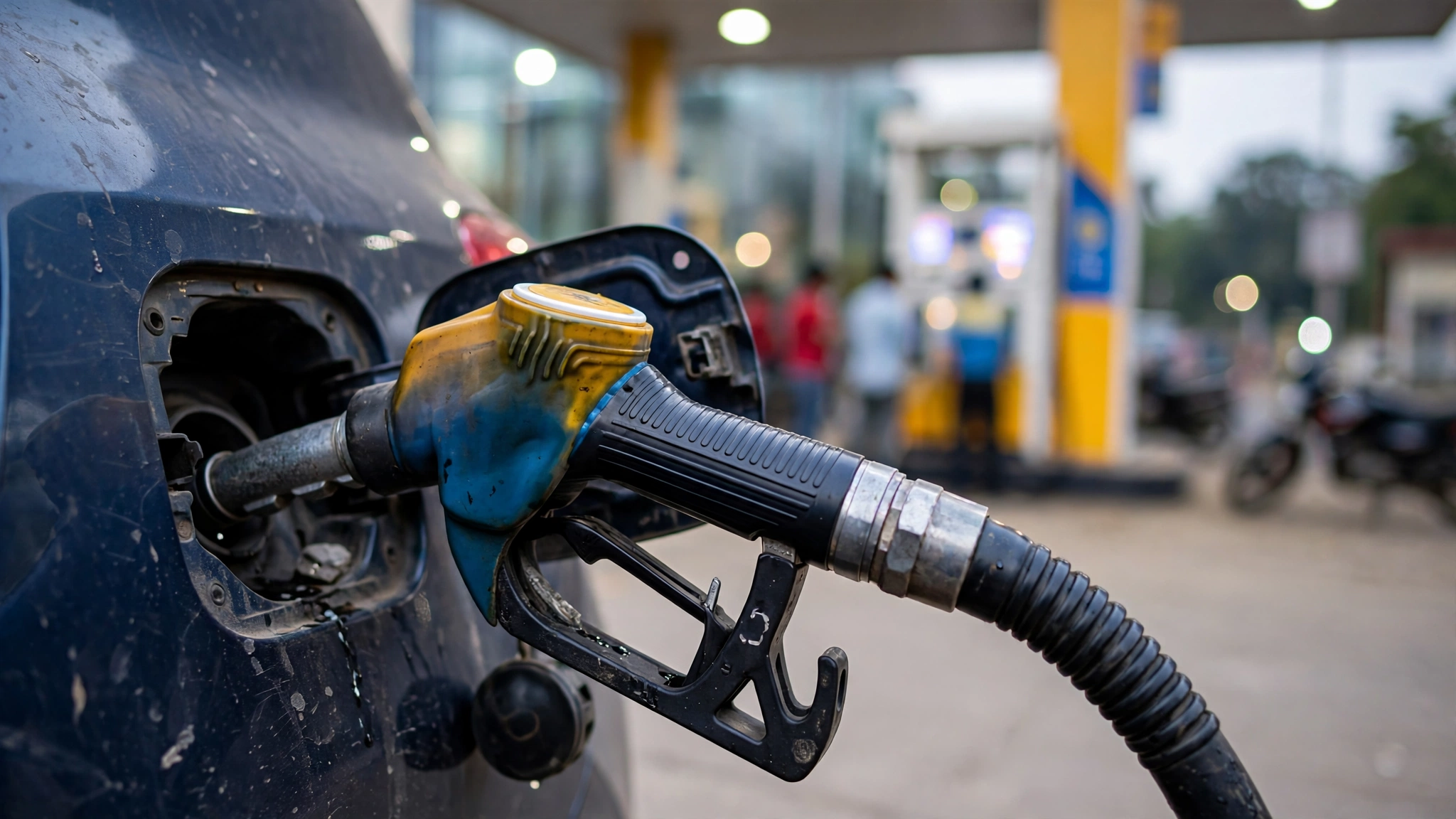 A car being refuelled at an Indian petrol pump, with a fuel nozzle at the tank