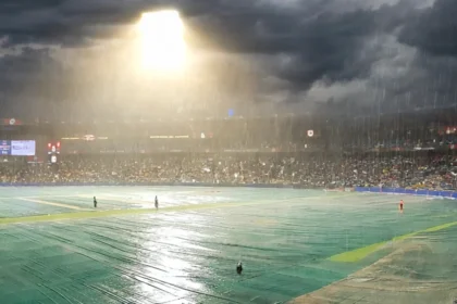 M. Chinnaswamy Stadium, Bengaluru, during the rain-hit IND vs WI T20 decider (Photo: Indrashis / Wikimedia Commons, AI composite)