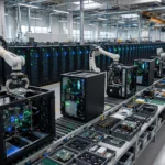 Wide shot of a factory production line assembling AI server racks with robotic arms