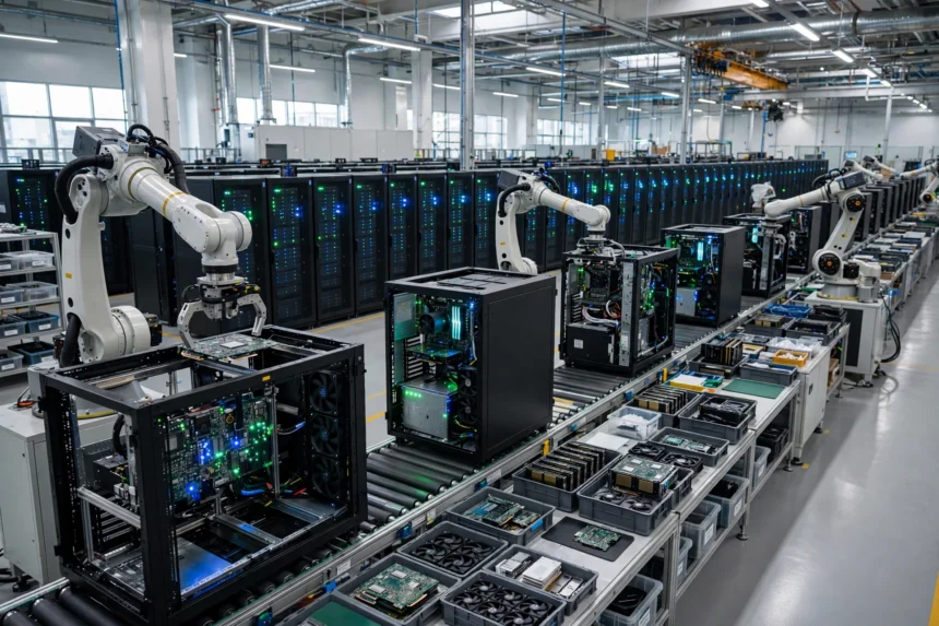 Wide shot of a factory production line assembling AI server racks with robotic arms