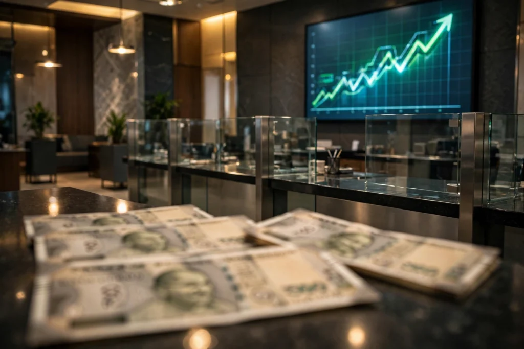 A modern bank interior with Indian rupee notes and a rising growth chart, illustrating Federal Bank's strong Q2 profit growth.