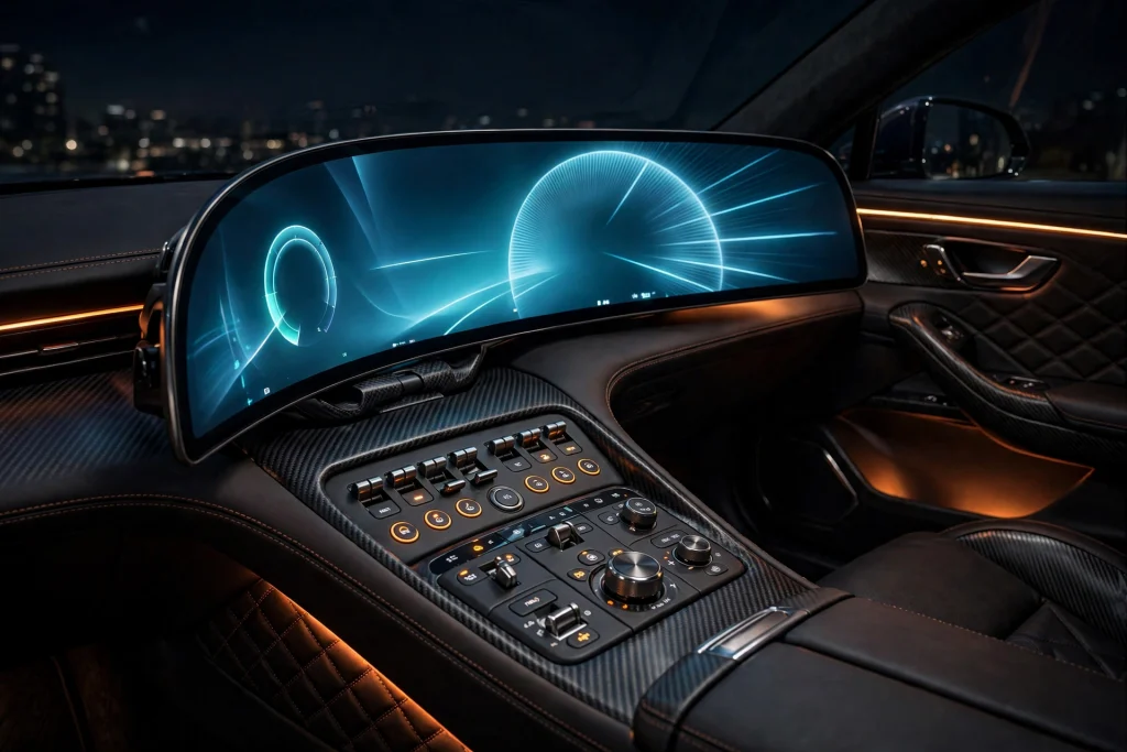 Ferrari Luce electric car cockpit with digital displays and physical controls