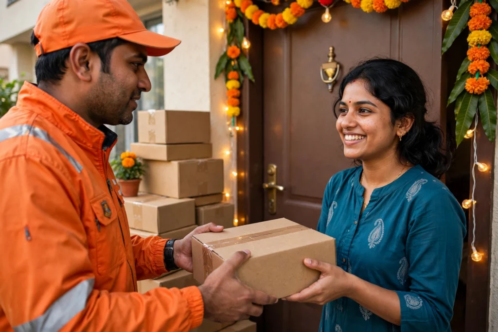 Delivery person handing a parcel to a woman