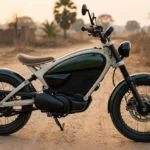 Electric scrambler motorcycle inspired by the Flying Flea design on a dusty road (illustrative image)