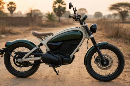 Electric scrambler motorcycle inspired by the Flying Flea design on a dusty road (illustrative image)