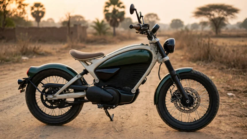 Electric scrambler motorcycle inspired by the Flying Flea design on a dusty road (illustrative image)