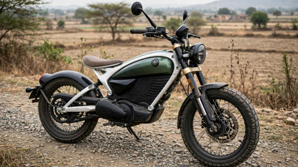 Electric scrambler motorcycle inspired by the Flying Flea design on a gravel trail (illustrative image)