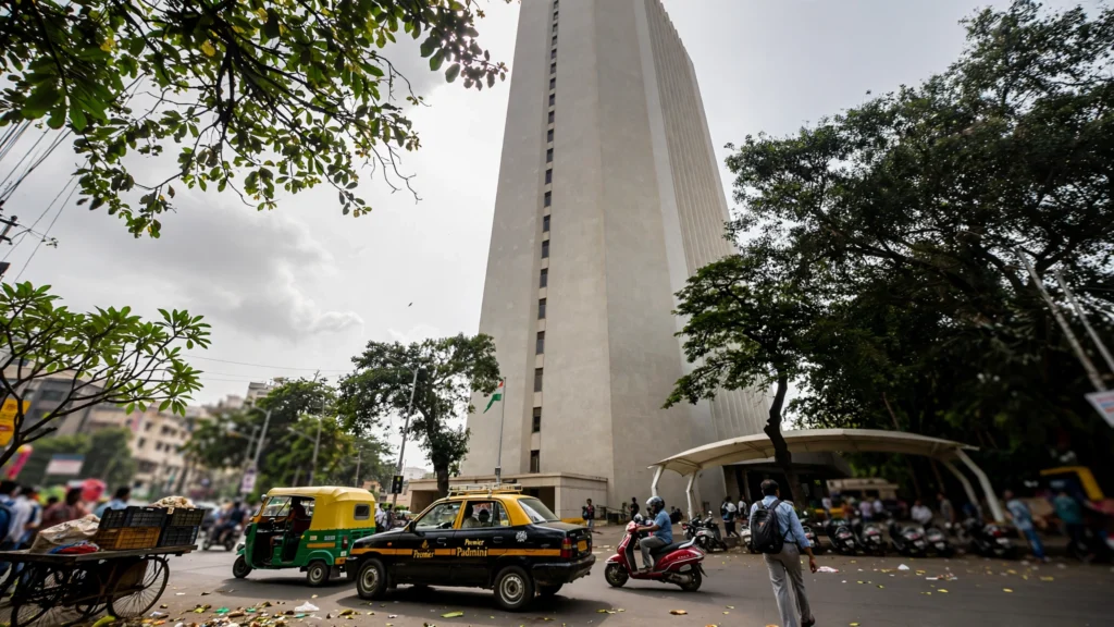 Reserve Bank of India headquarters in Mumbai at street level. AI-generated image grounded in a real photo by Pinakpani / Wikimedia Commons (CC BY-SA 4.0).